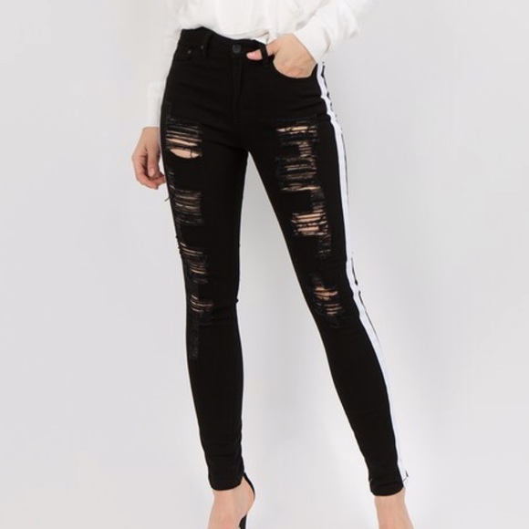 American Bazi Denim - Plus Size Black Distressed Ripped Striped Jeans